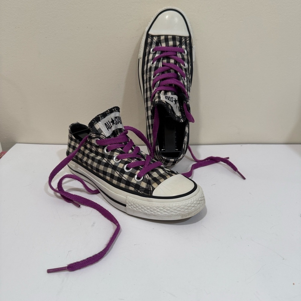 Converse Black and White Checkered Sneakers with Purple Laces (sz 6)